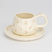 Керамічна чашка з блюдцем "Ніжні квіти" з ручним розписом у подарунковій коробці об'єм 300 мл