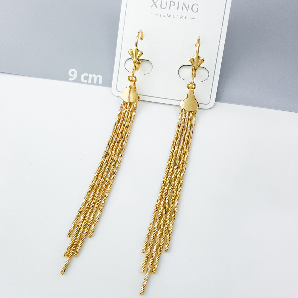 Сережки підвіски Водопади, з насічками, без камінчиків, медсплав Xuping позолота 18K, фото 1