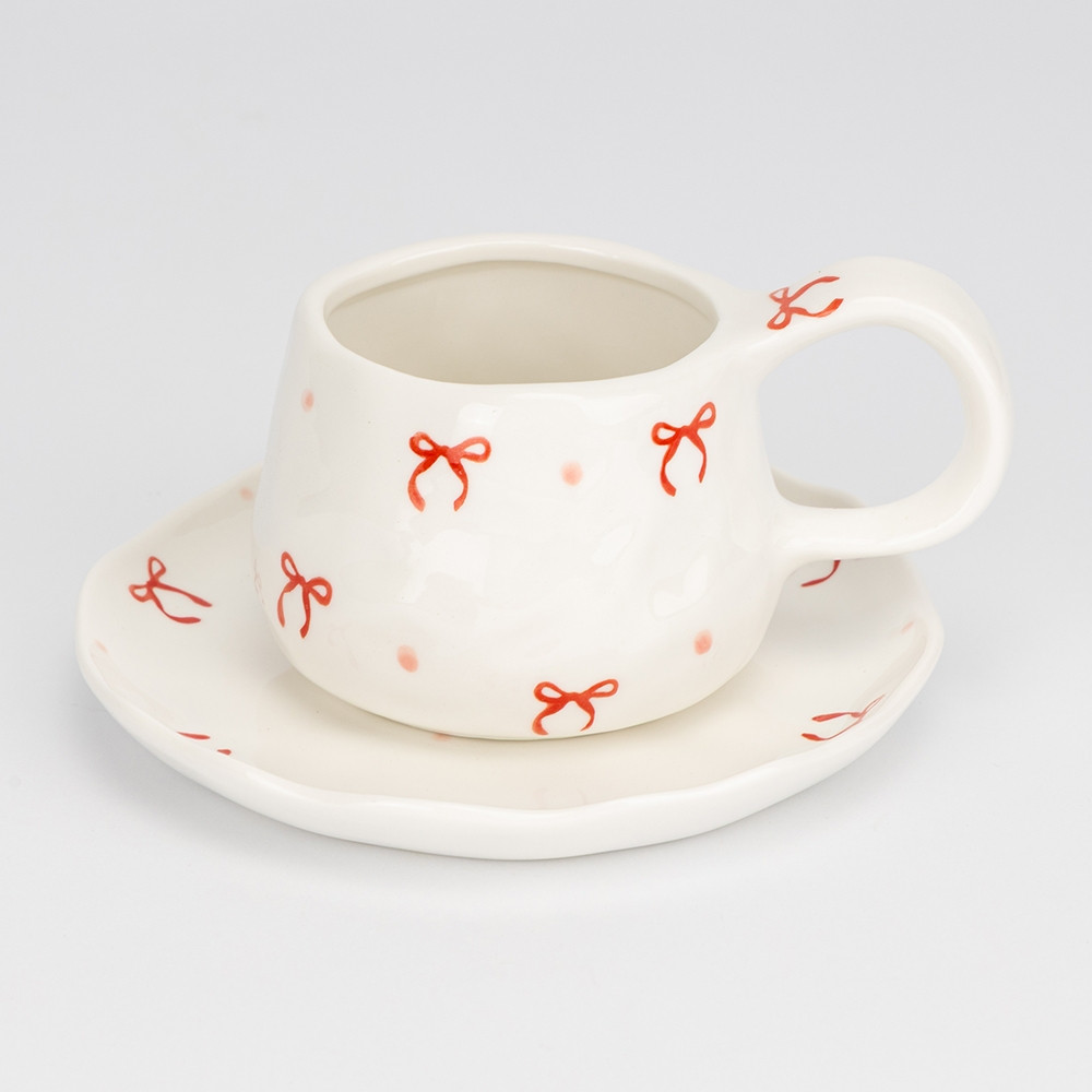 Керамічна чашка з блюдцем "Святкові бантики" з ручним розписом у подарунковій коробці об'єм 300 мл, фото 1