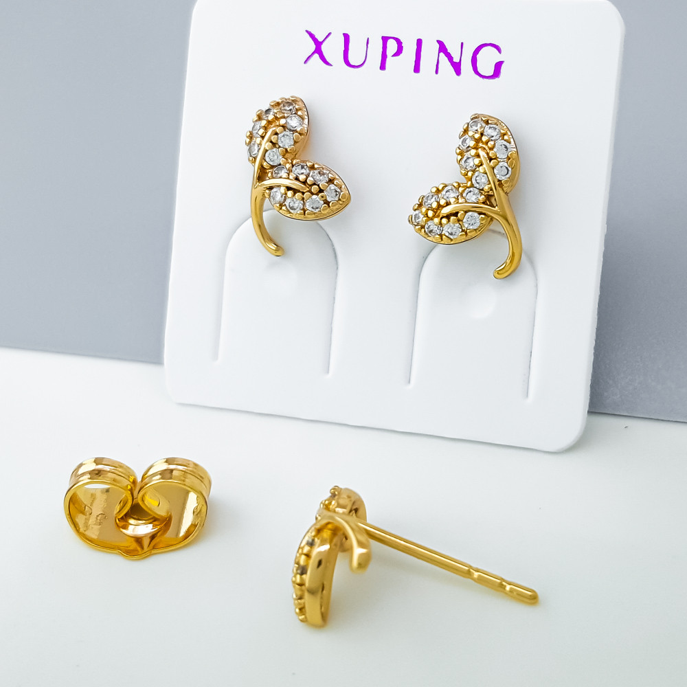 Сережки цвяшки Золоті Листки з россипом камінців, медсплав Xuping позолота 18K, фото 1