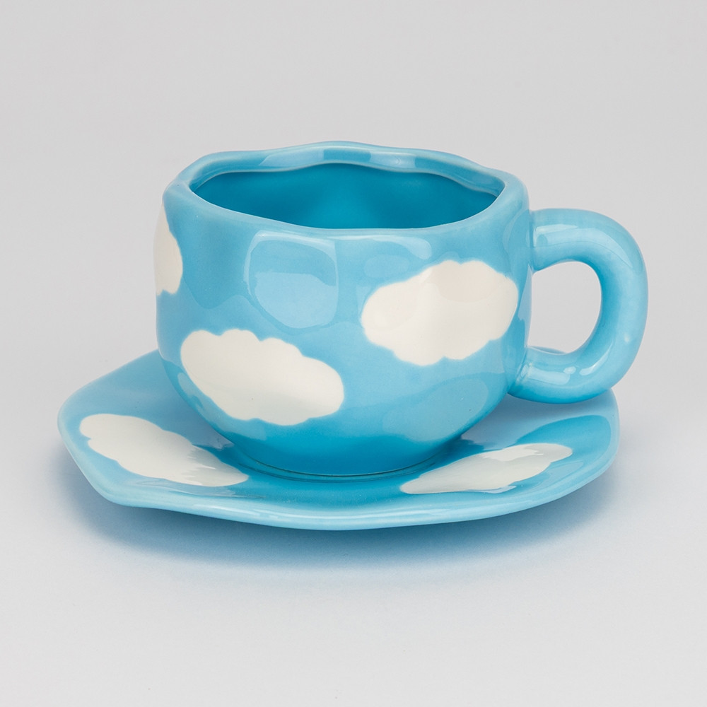 Керамічна чашка з блюдцем "Хмаринки" з ручним розписом у подарунковій коробці об'єм 350 мл, фото 1