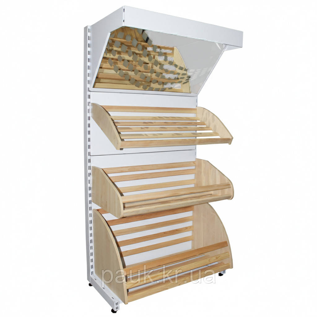 Хлібний стелаж 1900х950мм ТИП1, приставний Рістел, стелаж торговий з кошиками для випічки, металевий стелаж з дерев'яними кошиками, фото 1