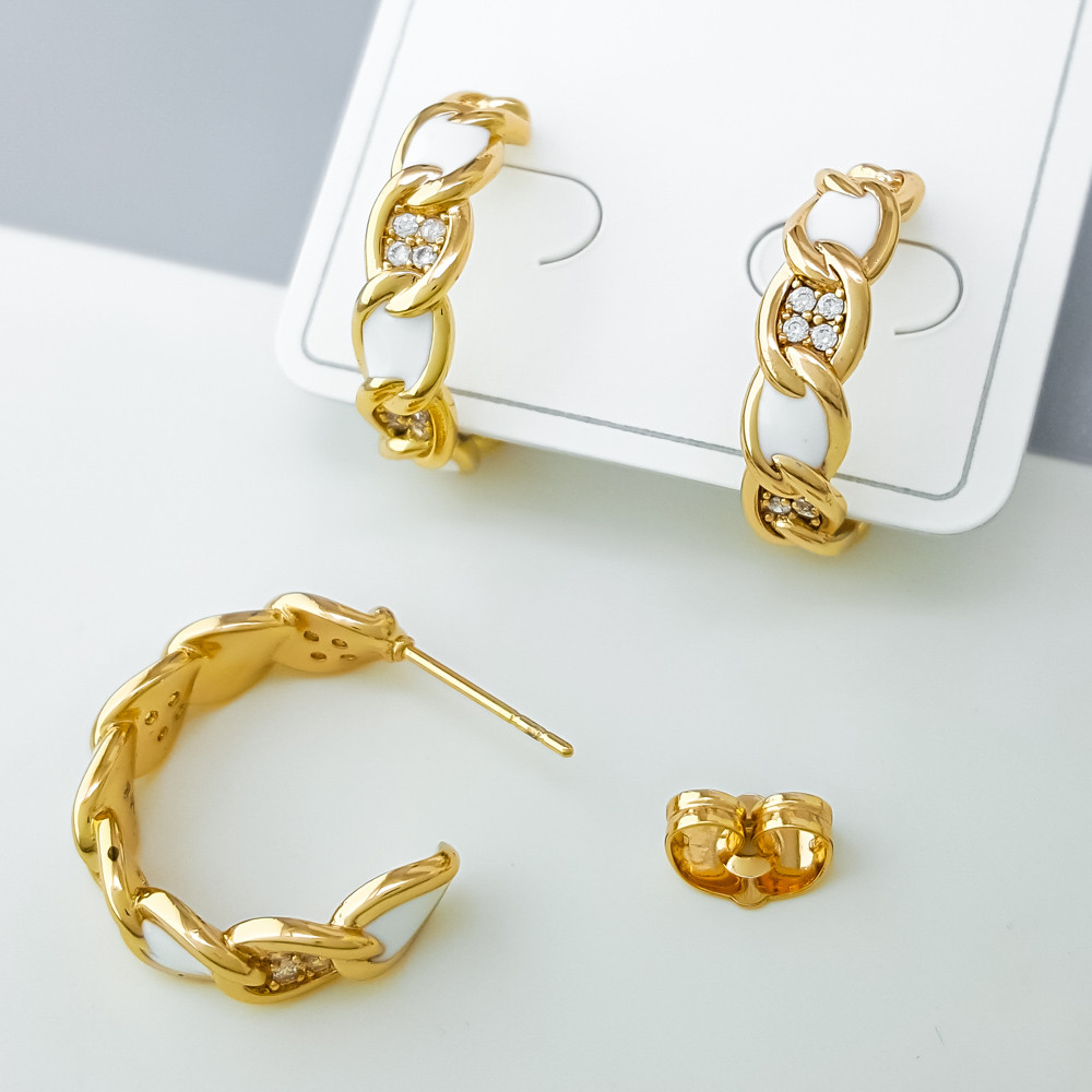 Сережки цвяшки Золотий Ланцюжок з білою емалью та камінцями, медзолото Xuping позолота 18K, фото 1