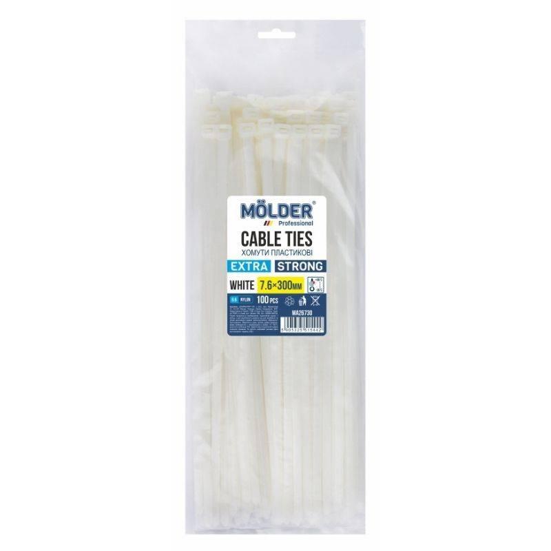 Пластикові стяжки Molder 7.6x300 мм білі набір 100 штук для кріплення (MA26730), фото 1