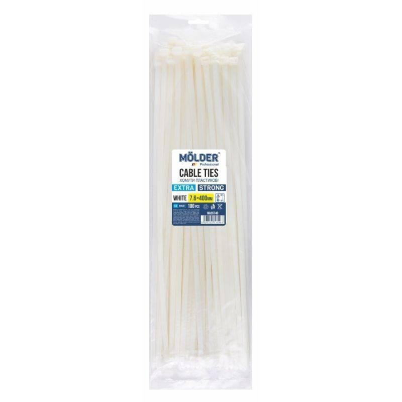 Стяжки нейлонові білі 7.6x400 мм Molder пакування 100 штук пластикові хомути (MA26740), фото 1