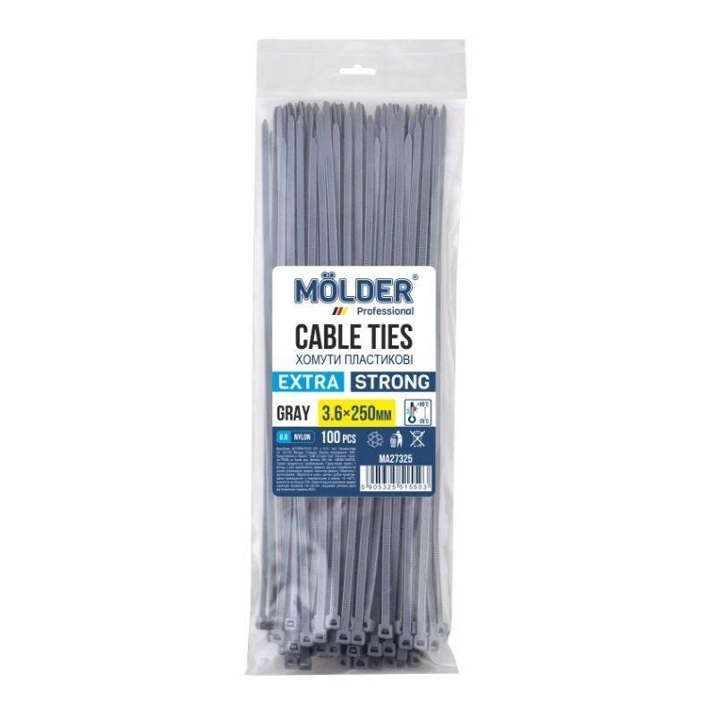 Пластикові хомути стяжки Molder 3.6x250 мм сірі упаковка 100 штук (MA27325), фото 1
