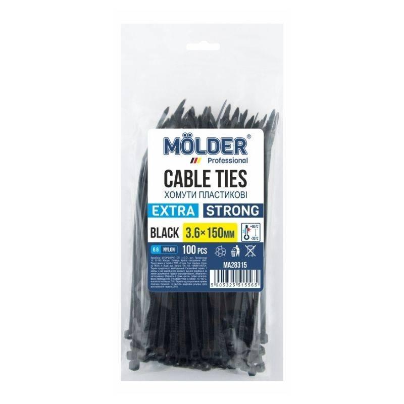 Пластикові стяжки хомути 3.6x150 мм чорні Molder 100 штук упаковка (MA28315), фото 1