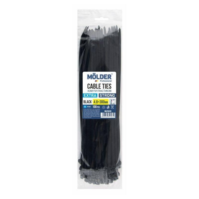 Пластикові стяжки чорного кольору 4.8x300 мм Molder упаковка 100 штук (MA28430), фото 1