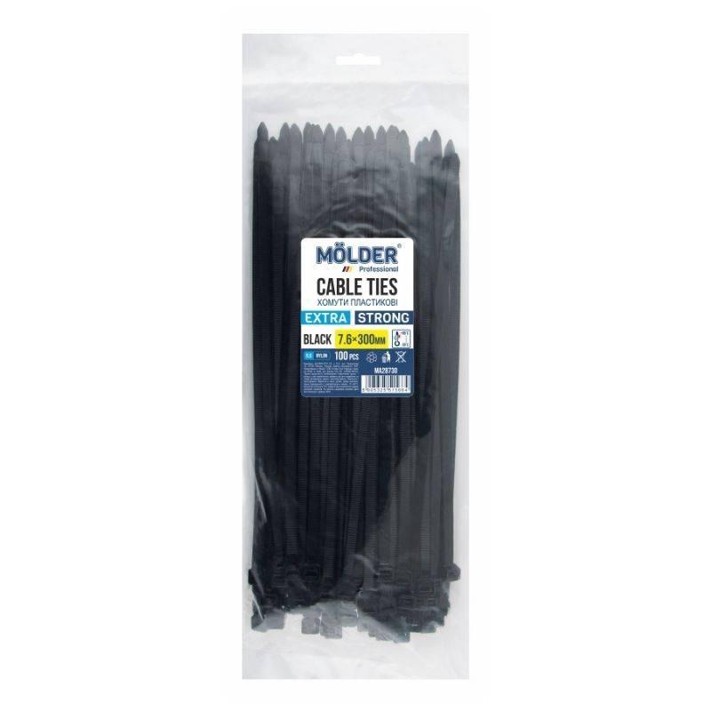 Пластикові стяжки Molder 7.6x300 чорні набір 100 штук хомути для кріплення (MA28730), фото 1