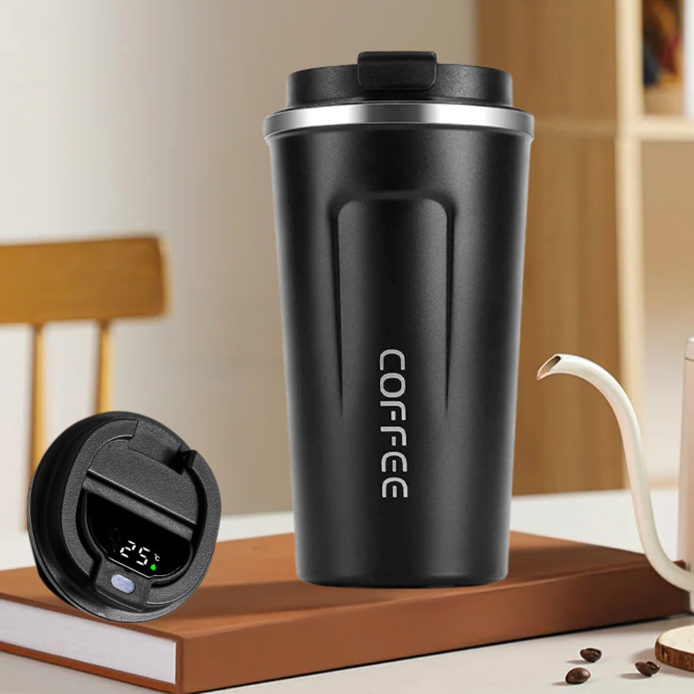 Термокухоль металевий для гарячих та холодних напоїв 510мл герметичний термостакан з датчиком температури Чорний, фото 1