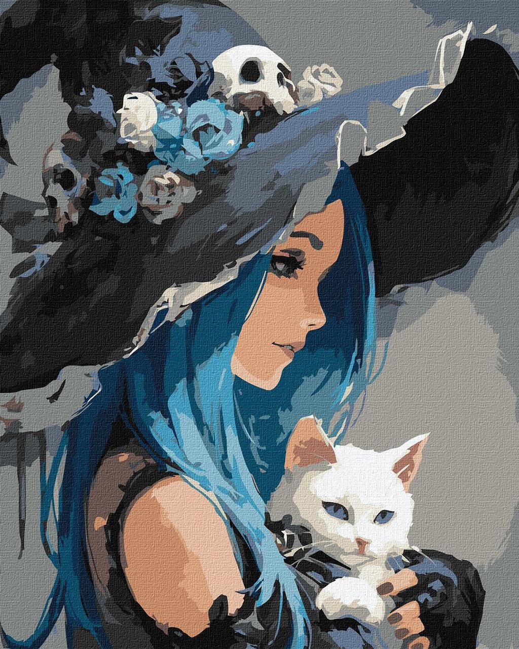 Картина за номерами 40х50 см Відьмочка. Дівчина з білим котом ©art_selena_ua Ідейка KHO8688, фото 1