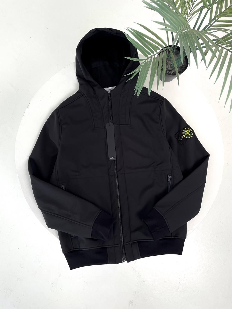 Чоловіча куртка Stone Island Soft Shell на мікрофлісі чорна Куртка Стон Айленд з патчем, фото 1