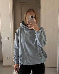 Сіра жіноча тепла об'ємна кофта худі оверсайз із тринитки на флісі з капюшоном осінь-зима