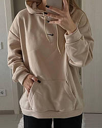 Бежева жіноча тепла об'ємна кофта худі оверсайз із тринитки на флісі з капюшоном осінь-зима