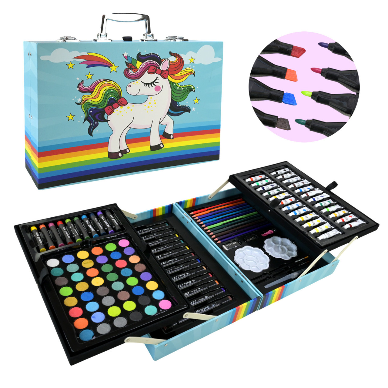 Набір для творчого малювання CE150522, 126 предметів, крейда, акварельні фарби, фломастери, валіза 34*9*24 см, фото 1