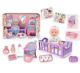 Пупс з ліжечком та стільчиком для годування 9933 A-8 висота 28 см, аксесуари, в коробці, фото 6