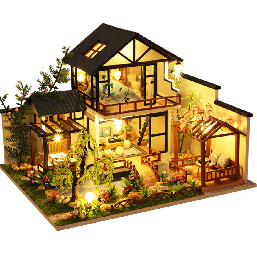 3д Румбокс Японська Вілла чарівний будинок з садом і підсвічуванням + Пилозахисний купол, інтер'єрний конструктор, фото 1