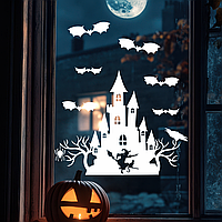 Вінілова наклейка на вікно Гелловін Замок відьми летючі миші декор Happy Pocket Набір білий матовий