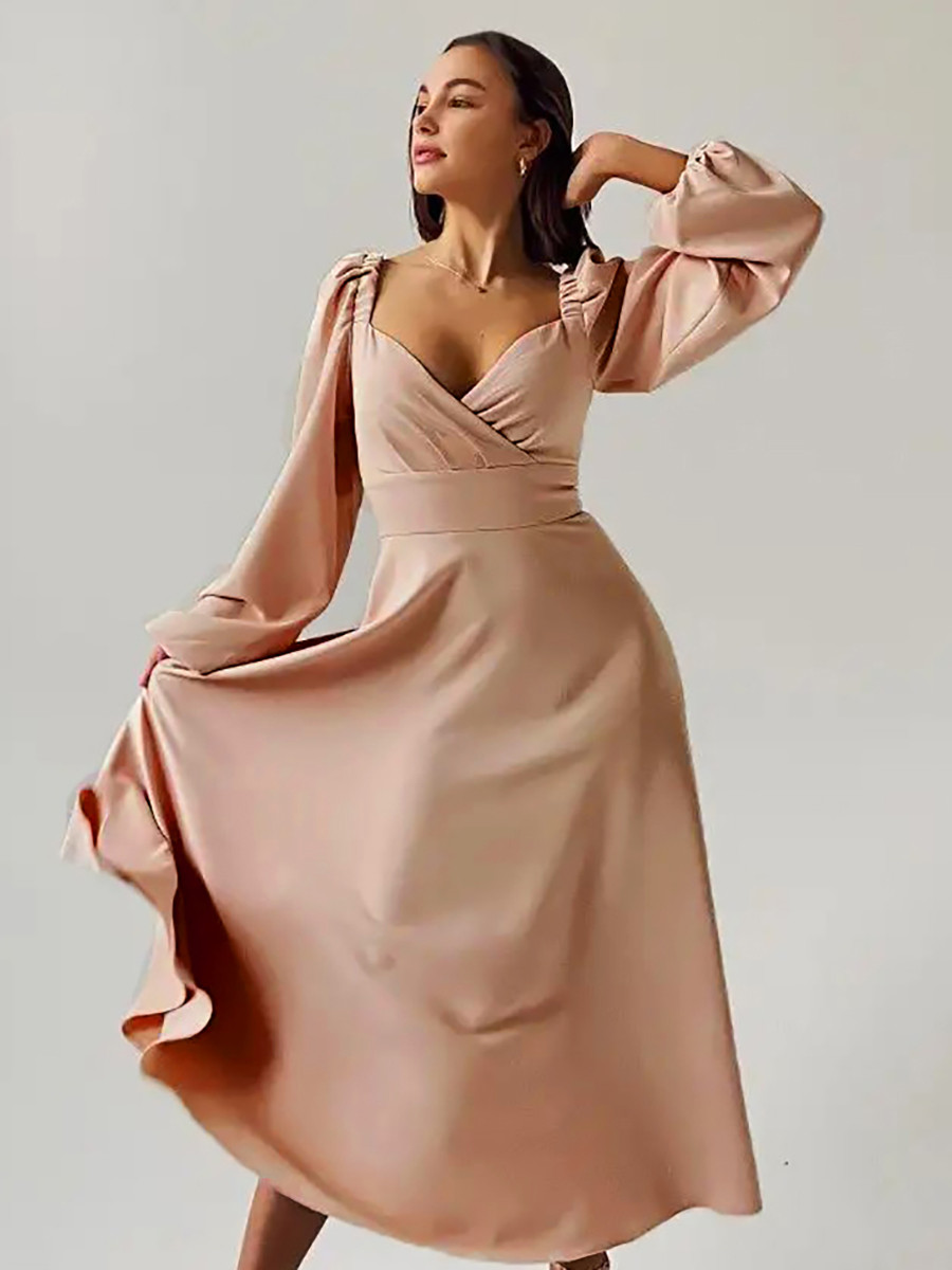 Нарядне довге вечірнє плаття з довгим рукавом та декольте, бежеве, фото 1