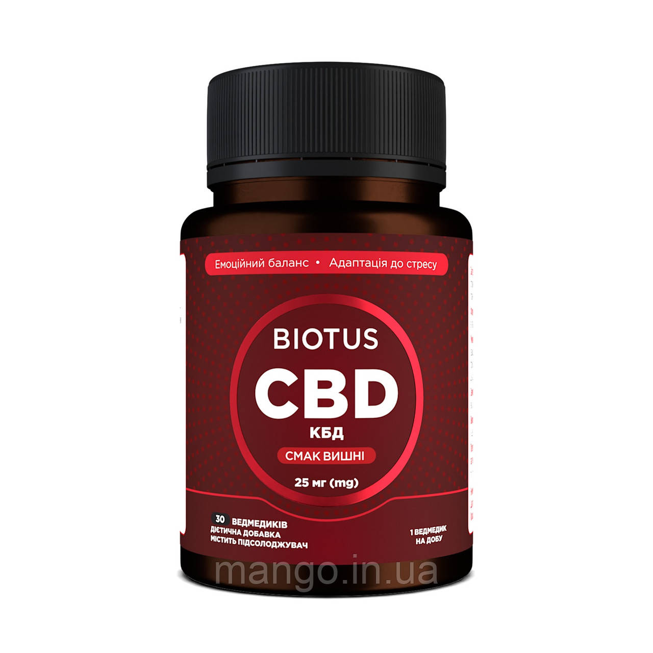 Каннабідіол, CBD Gummies, Biotus, смак вишні, 25 мг, 30 желейних ведмедиків, фото 1