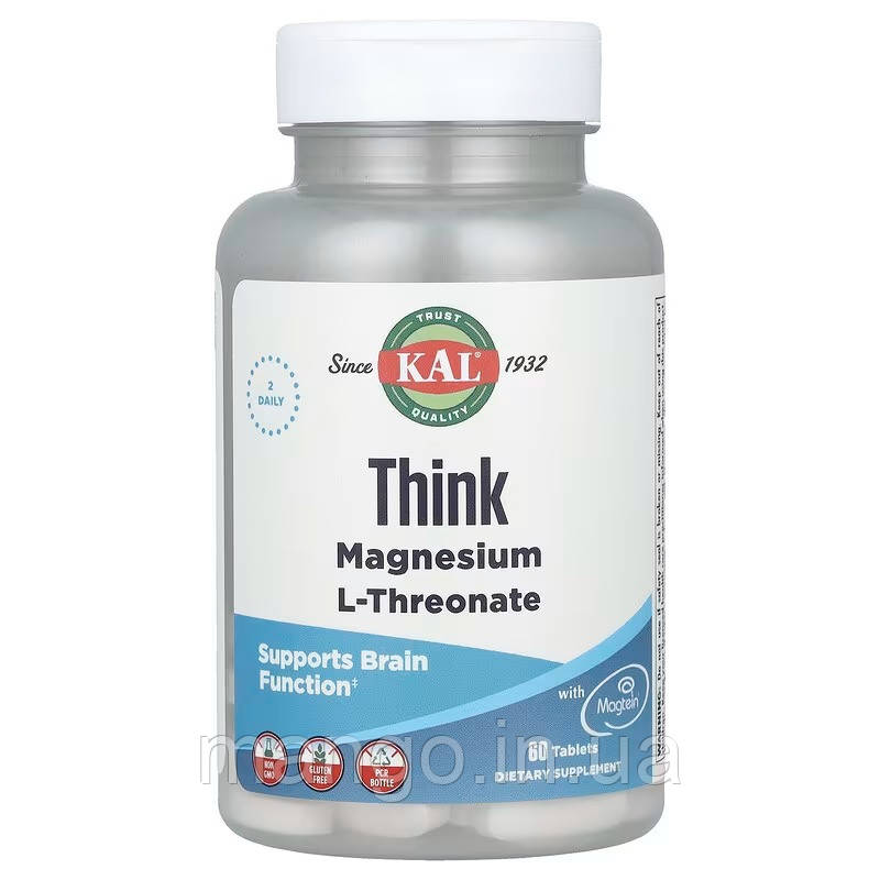 Магній L-треонат, Magnesium L-Threonate, KAL, для мозку, 2000 мг, 60 таблеток, фото 1