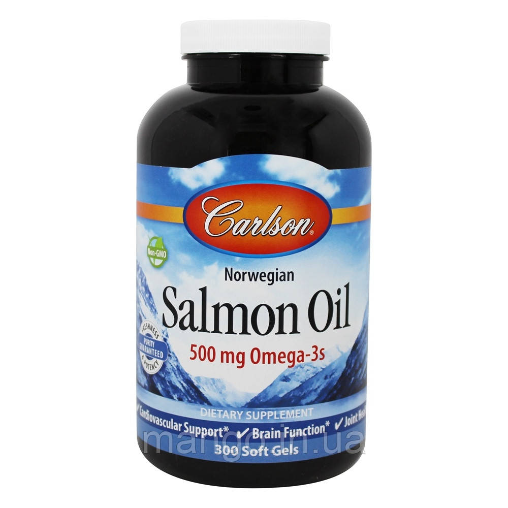 Масло лосося, Salmon Oil, Carlson, норвезьке, 500 мг, 300 капсул, фото 1