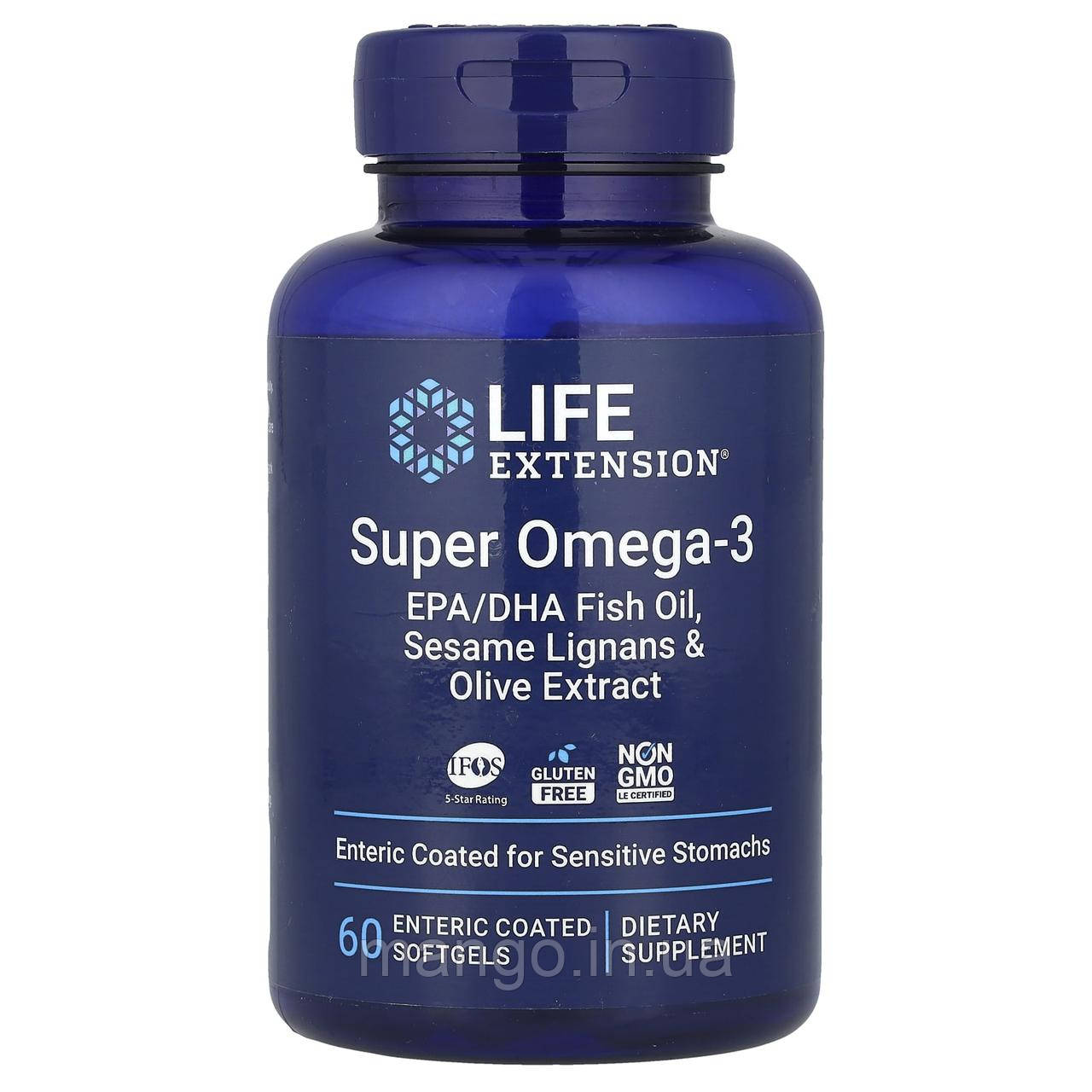 Омега-3, риб'ячий жир, Super Omega-3, EPA/DHA Fish Oil, Life Extension, лігнани кунжуту та екстракт оливок, 60 гелевих капсул, фото 1
