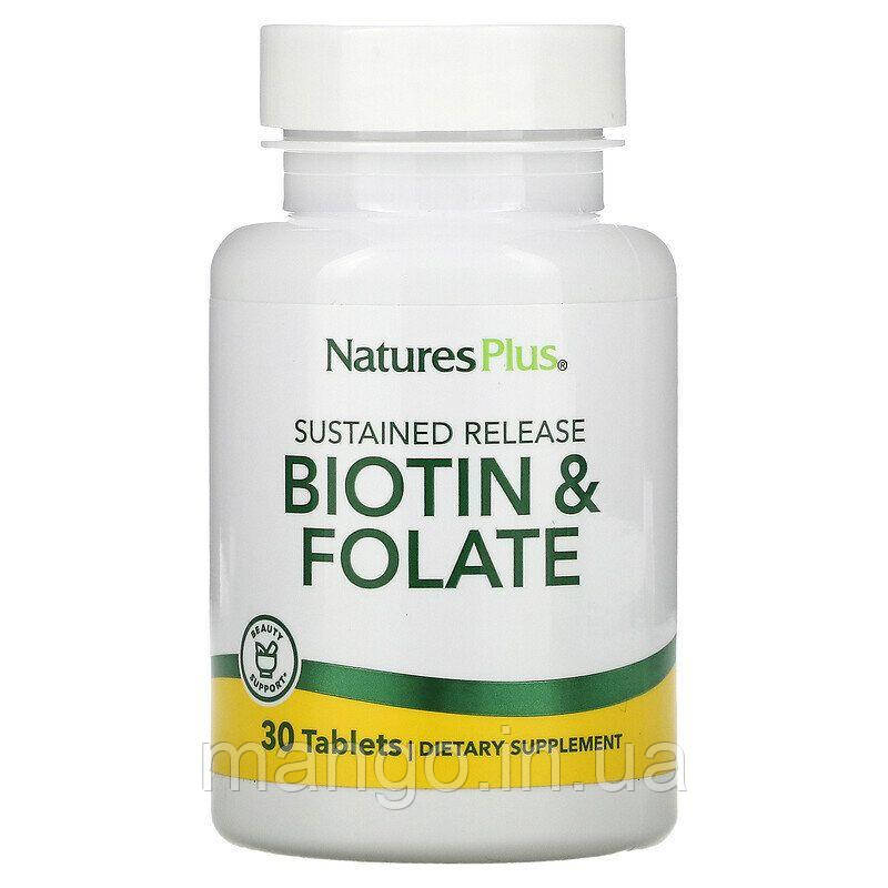 Фолієва кислота та біотин, Biotin & Folic Acid, Nature's Plus, пролонгованої дії, 30 таблеток, фото 1