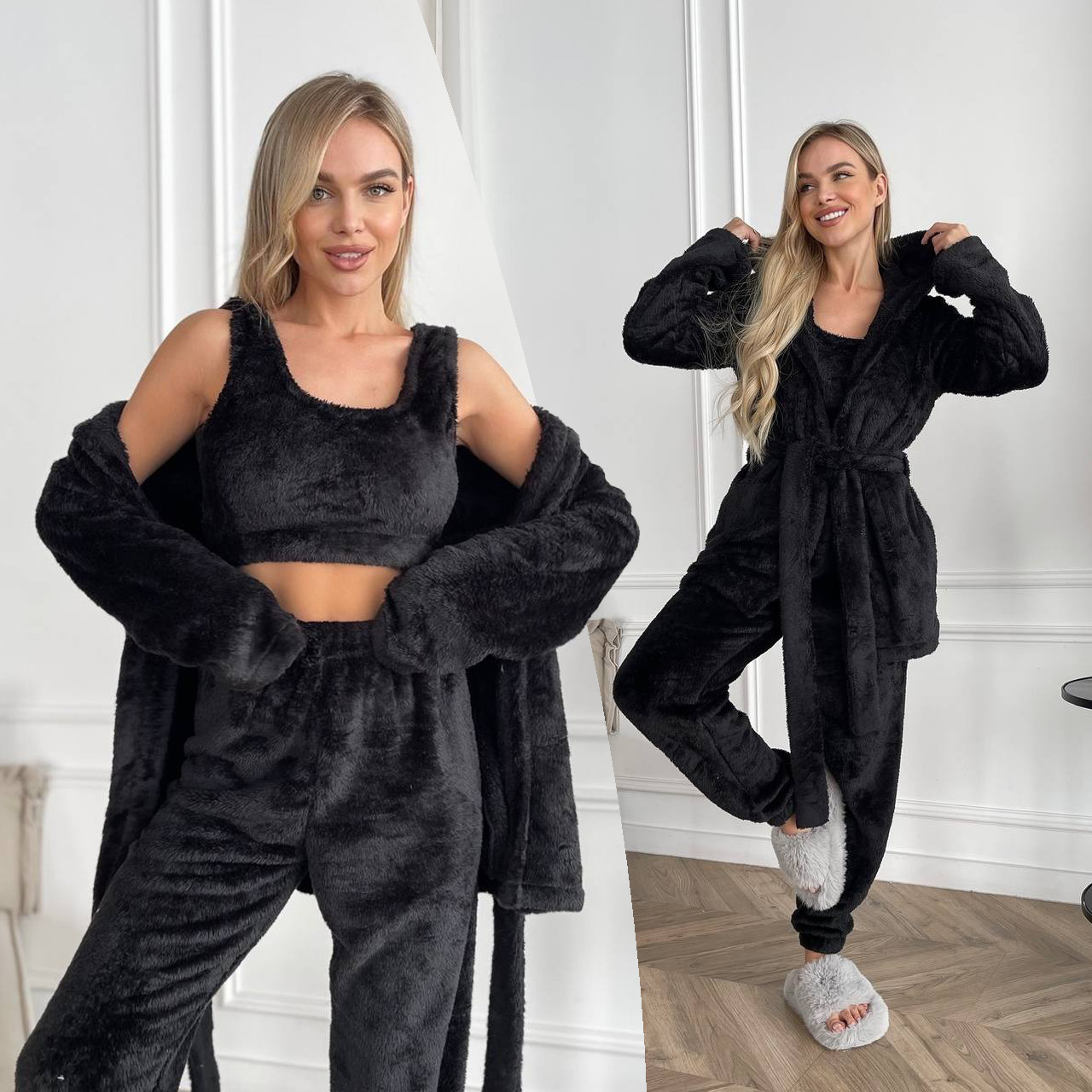 Чорний теплий махровий жіночий костюм-піжама-трійка, фото 1