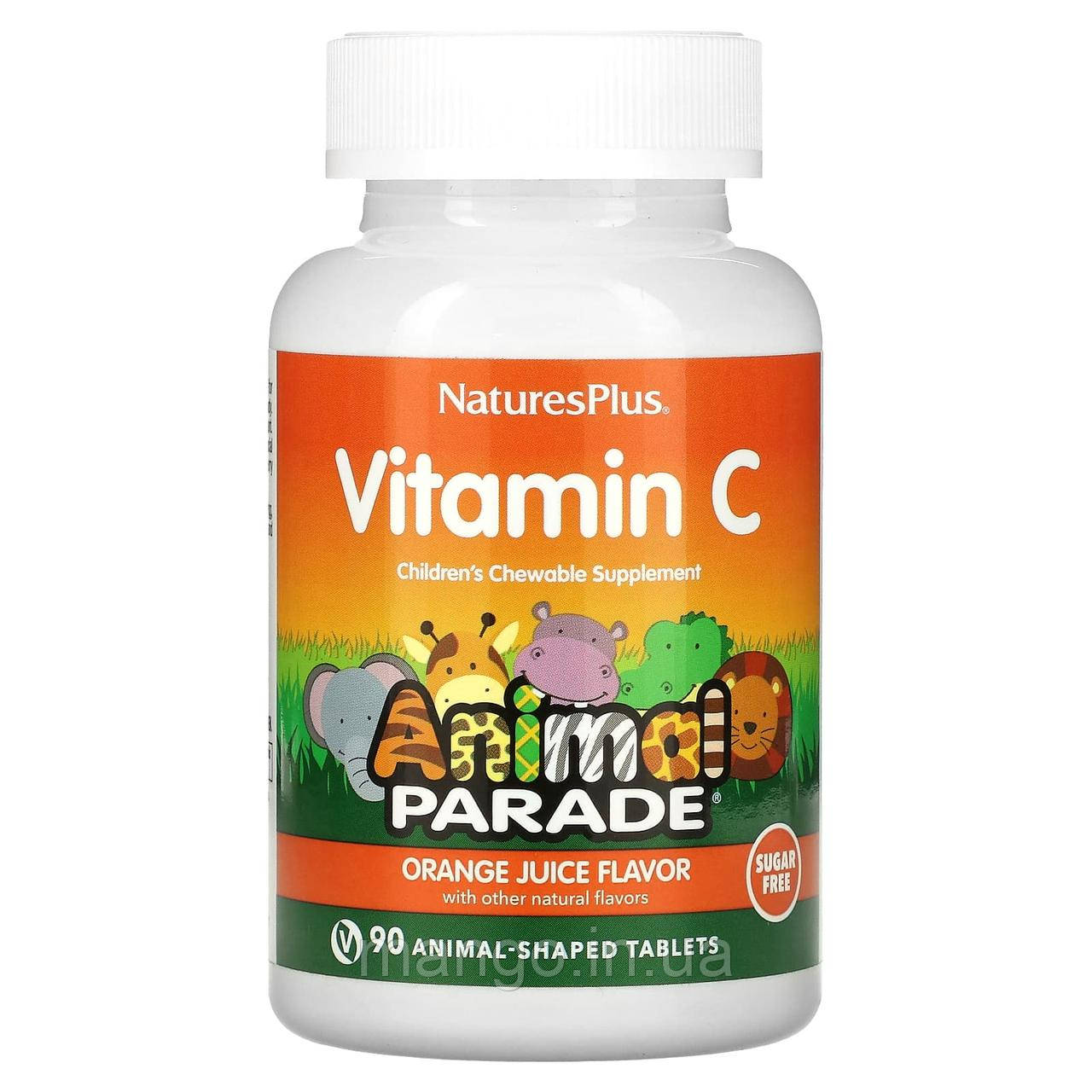 Вітамін С жувальний, Vitamin C, Nature's Plus, Animal Parade, апельсиновий смак, без цукру, 90 таблеток у формі тварин, фото 1
