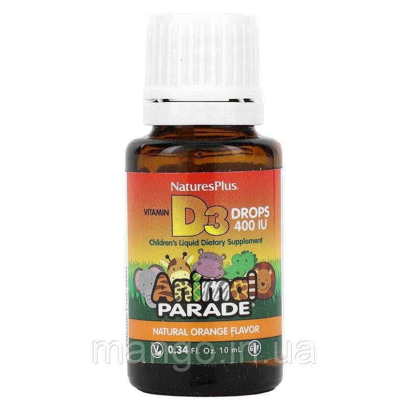 Вітамін D3 у краплях, Vitamin D3 Drops, Nature's Plus, Animal Parade, апельсиновий смак, 400 МО, 10 мл, фото 1