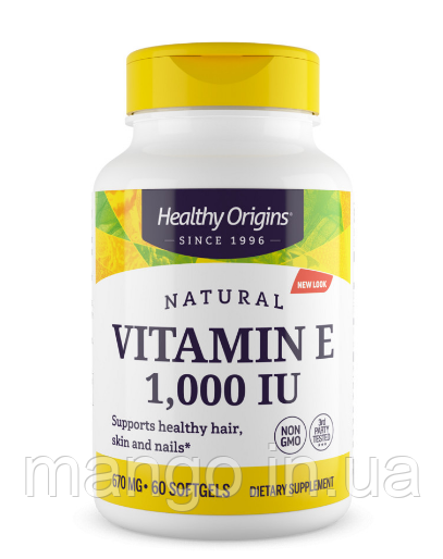 Вітамін Е, Vitamin E, Healthy Origins, натуральний, суміш токоферолів, 1000 МО, 60 гелевих капсул, фото 1