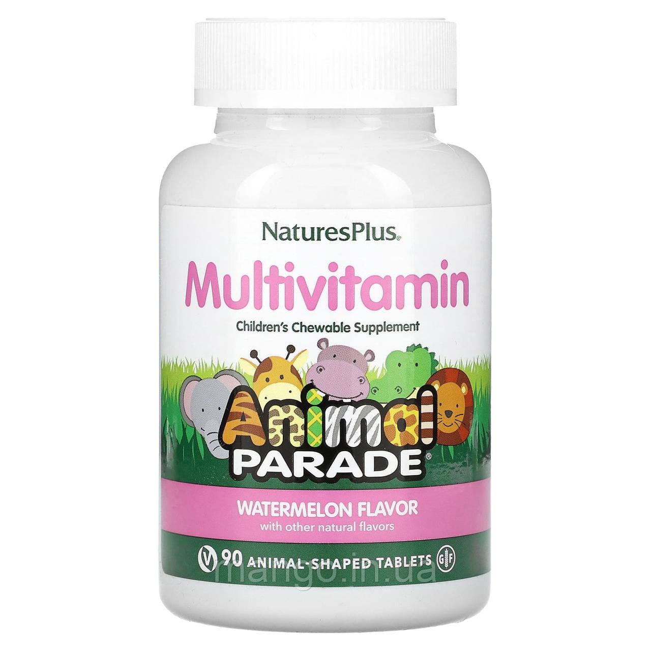 Мультивітаміни та мінерали для дітей, Animal Parade Multivitamin, NaturesPlus, смак кавуна, 90 жувальних цукерок у формі тварин, фото 1