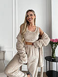 Бежевий теплий махровий жіночий костюм-піжама-трійка, фото 3