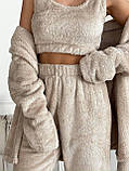 Бежевий теплий махровий жіночий костюм-піжама-трійка, фото 6