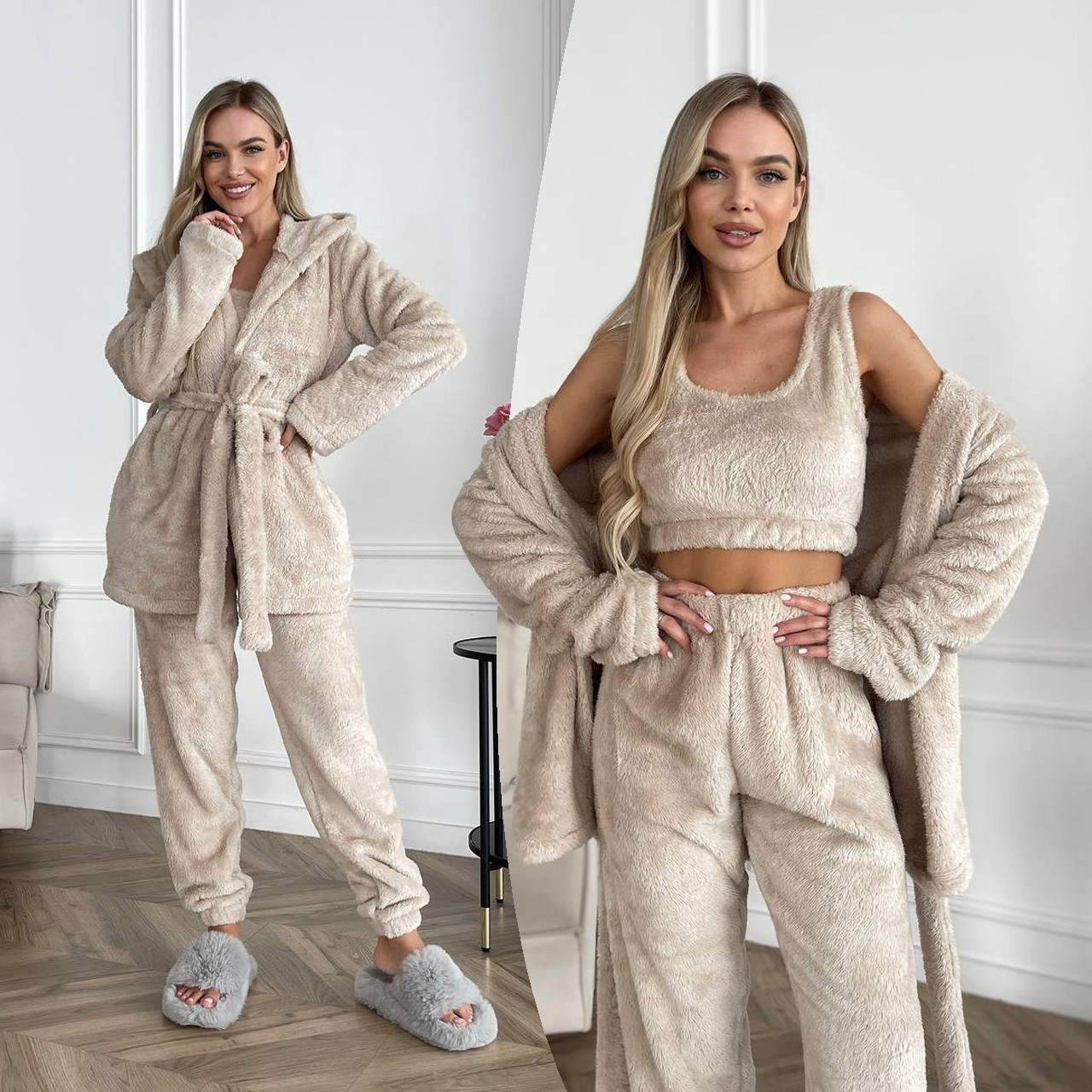 Бежевий теплий махровий жіночий костюм-піжама-трійка, фото 1