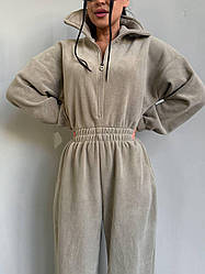 Бежевий жіночий теплий комбінезон осінь-зима з двостороннього флісу з блискавкою та гумкою на талії