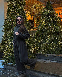 Чорний жіночий теплий комбінезон осінь-зима з двостороннього флісу з блискавкою та гумкою на талії