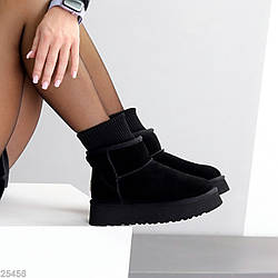 Замшеві молодіжні низькі чорні уггі з текстильним манжетом