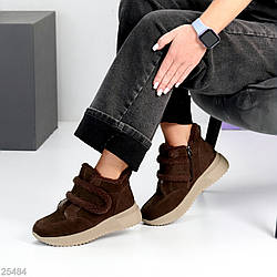Шоколадні замшеві спортивні зимові черевики, блискавка + липучка