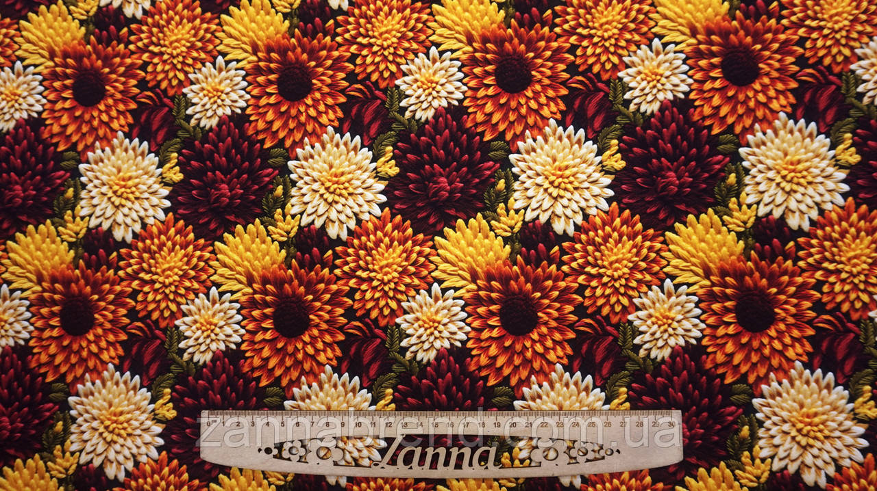 Футер Двонитка колір жовто/помаранчево/бордовий "Вогняні хризантеми" (Туреччина), фото 1
