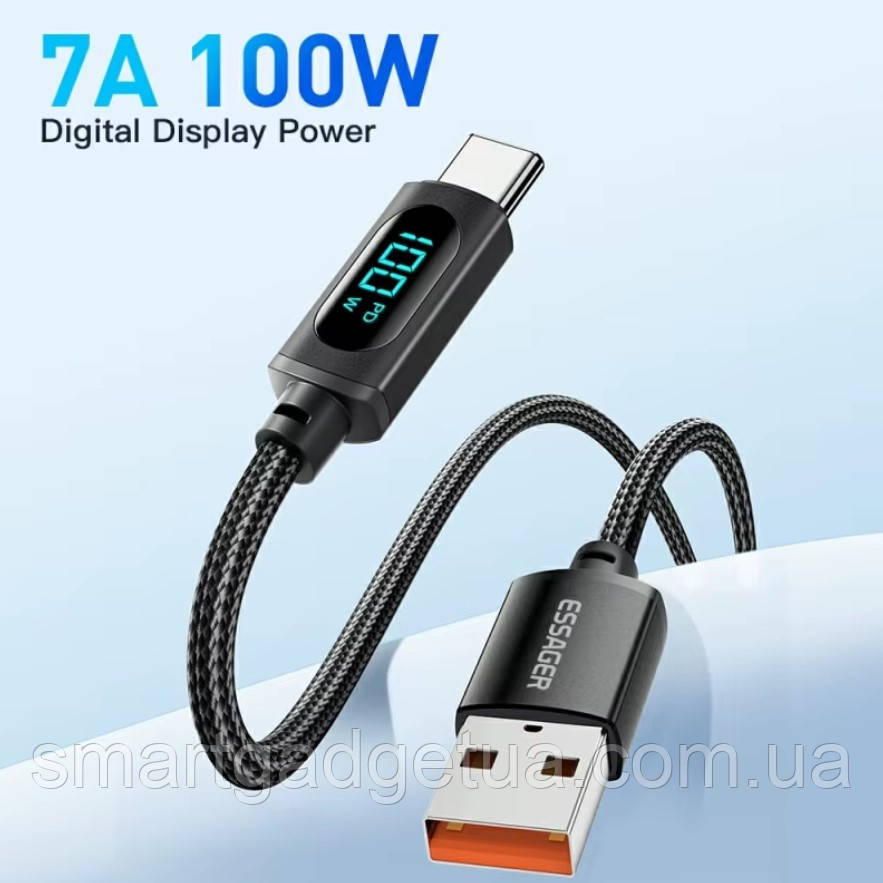 Кабель для заряджання та передачі даних Essager 100 W 7A Display Fast Charging Cable USB - Type-C / 1м / Чорний, фото 1