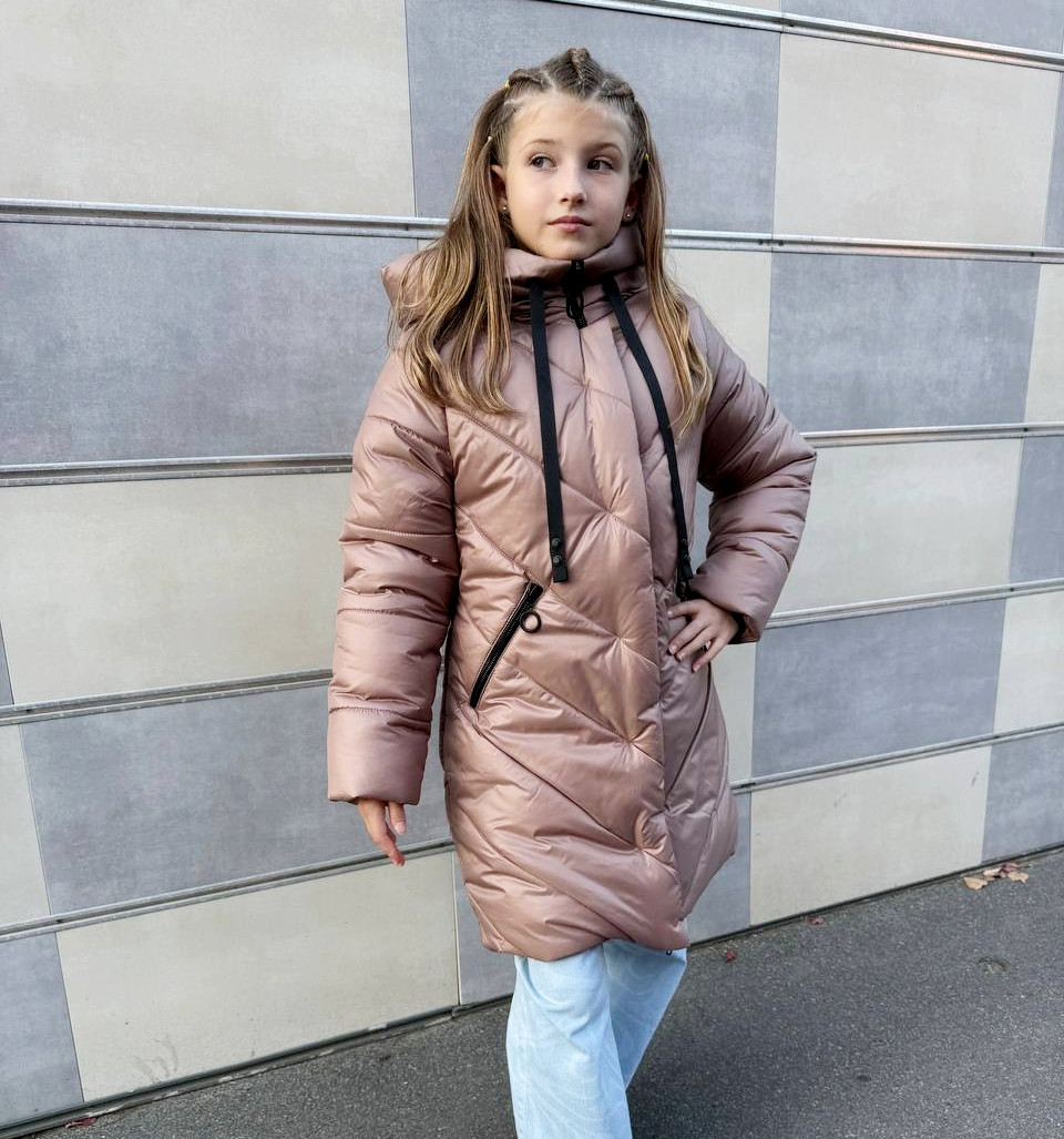 Зимова куртка пуховик на дівчинку подовжена тепла курточка бежева 140-158р