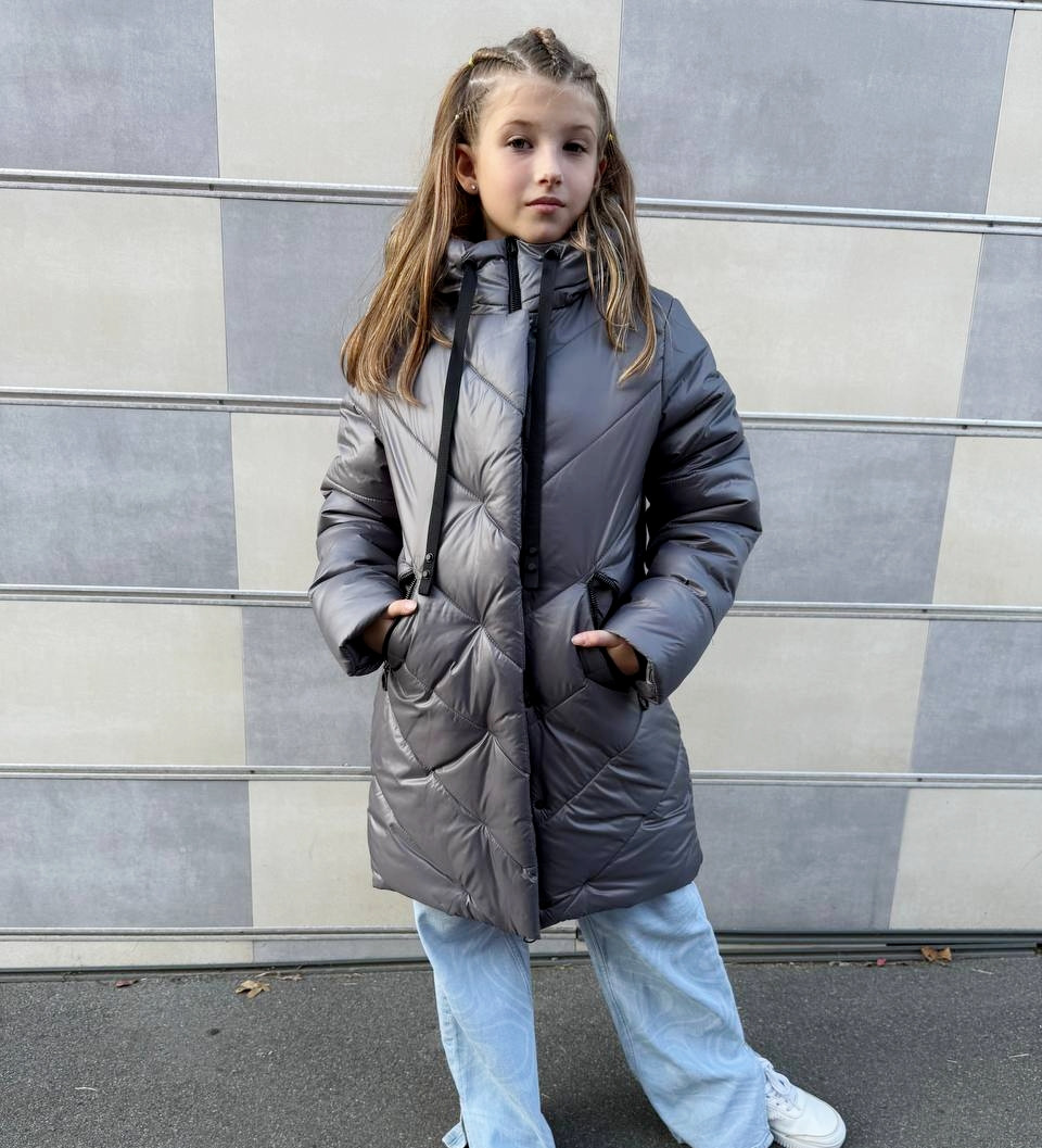 Зимова куртка пуховик на дівчинку подовжена тепла курточка сіра 140-158р