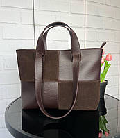 Жіноча сумка шоппер велика стильна коричнева натуральна замша+шкірзам
