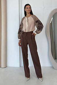 Блуза жіноча шифонова бежева з орнаментом на рукавах 296-02