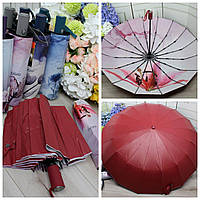 Якісна жіноча парасолька автомат з віерунком знизу 16 спиць 101см діаметр бордова Три Слона