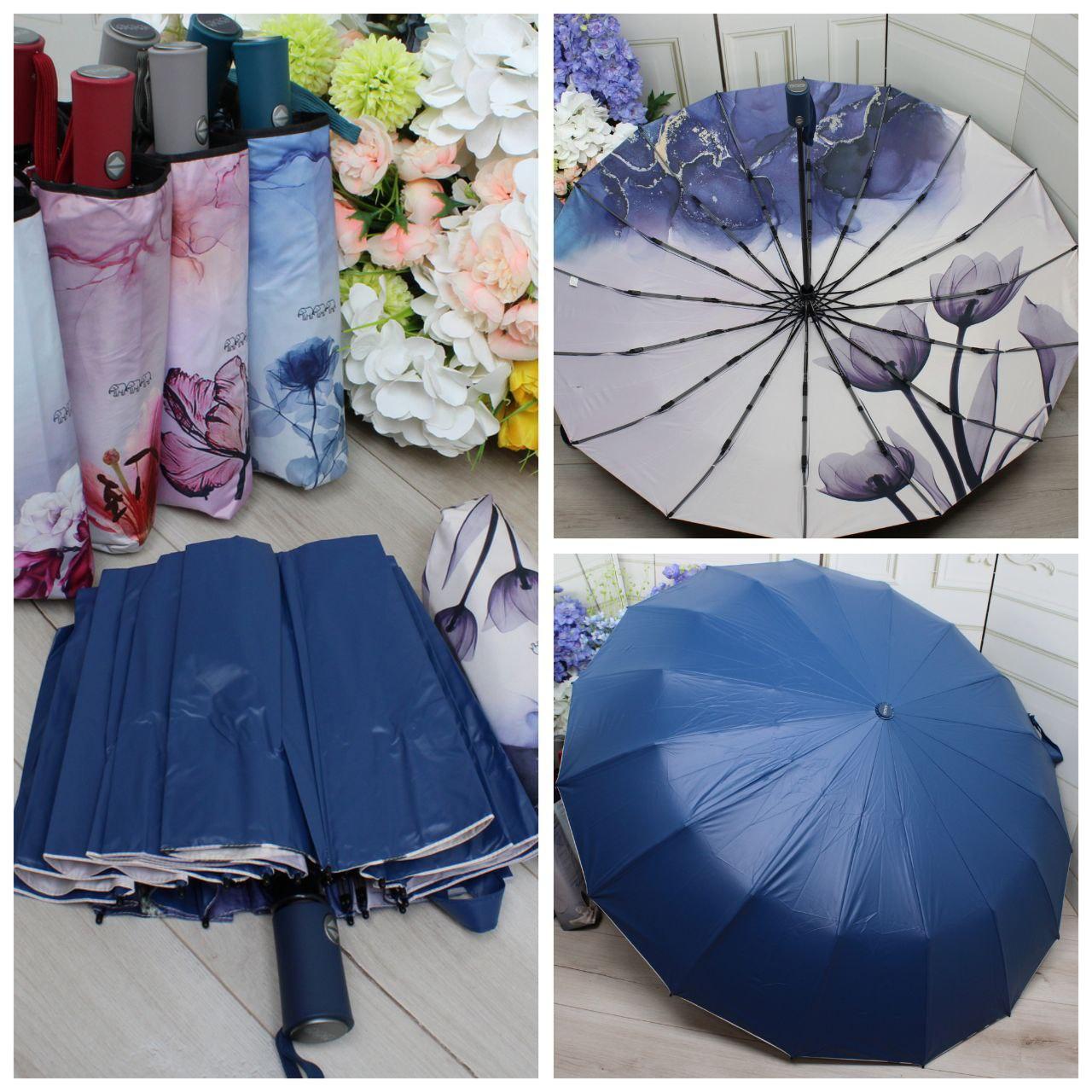 Якісна жіноча парасолька автомат з віерунком знизу 16 спиць 101см діаметр синя Три Слона