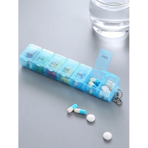 Таблетниця/органайзер/ контейнер 15 х 3 х 2 см для таблеток і ліків на 7 відділень синій, фото 1