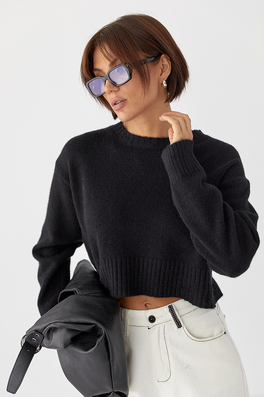 Укорочена в'язана кофта з рваним ефектом — чорний колір, ONE SIZE (є розміри), фото 1